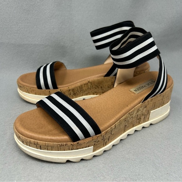 Steve Madden Size 8.5 Elba Sandals Black White Strap Platform Wedge Chunky Shoes - Picture 3 of 12
